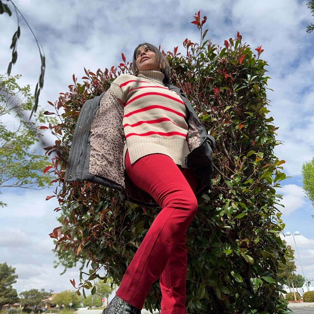 Old Navy Red and Cream Striped Turtleneck Sweater